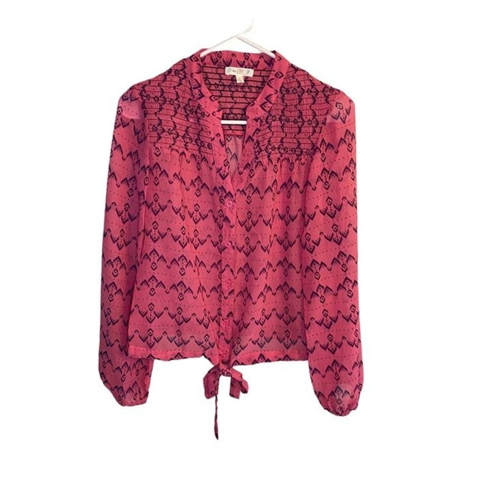 Love Fire Pink Geometric Tribal Print Tie Front Smocked Sheer Blouse Small